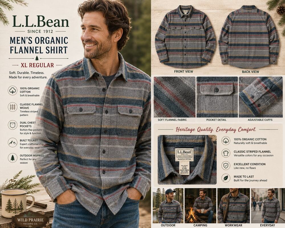 L.L.Bean Men’s XL Organic Cotton Flannel Shirt Gray Stripe Button Front EUC